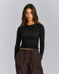 Fitted Cotton Long Sleeve Crew Neck Top | Black