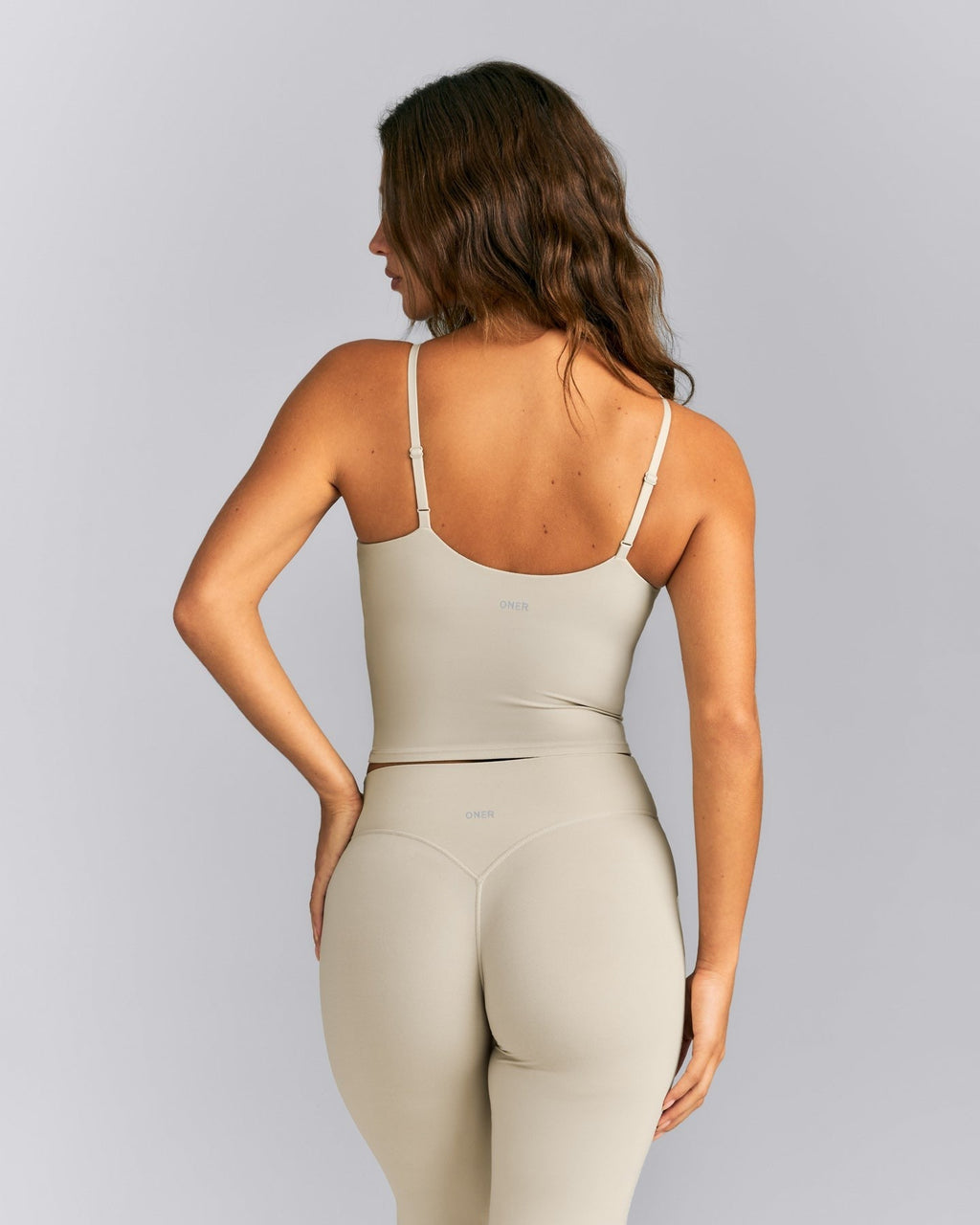SoftMotionTM Adjustable V Neck Mid Tank Top with Built in Bra Shelf | Oatmeal
