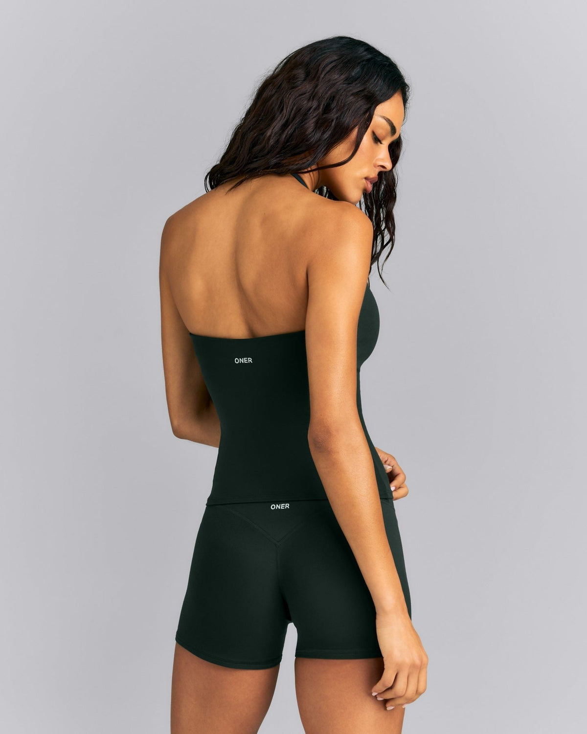SoftMotionTM Strappy Halter Neck Tank Top with Built in Bra Shelf | Emerald Noir