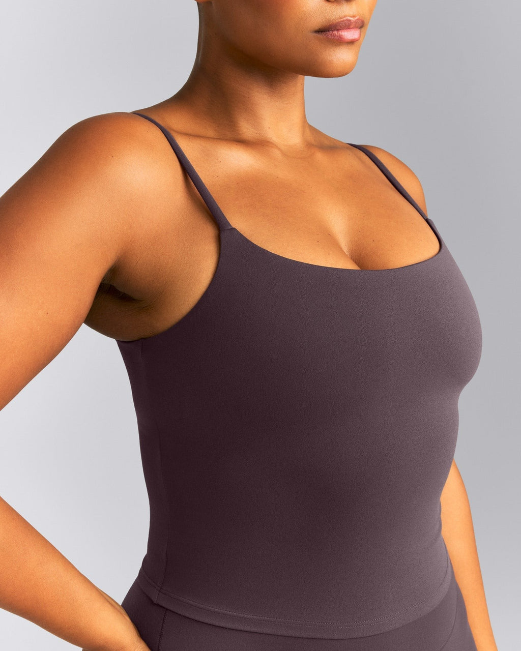 SoftMotionTM Strappy Mid Tank Top with Built in Bra Shelf | Dark Umber Brown