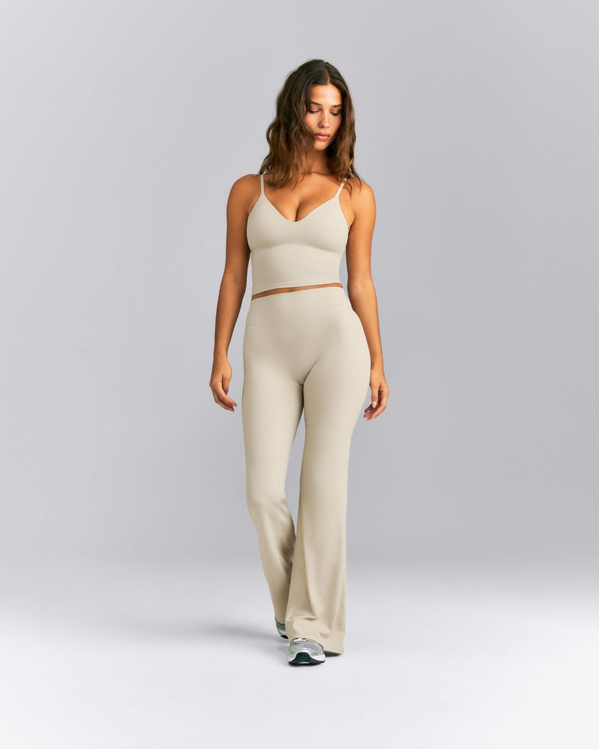 SoftMotionTM Adjustable V Neck Mid Tank Top with Built in Bra Shelf | Oatmeal