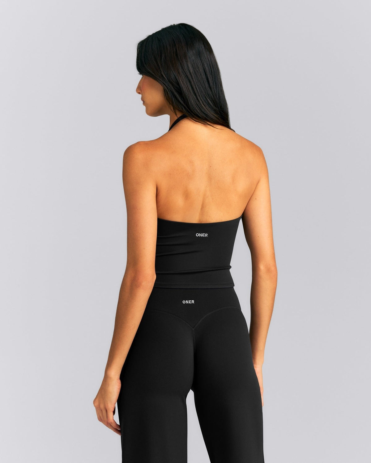 SoftMotionTM Strappy Halter Neck Mid Tank Top with Built in Bra Shelf | Black