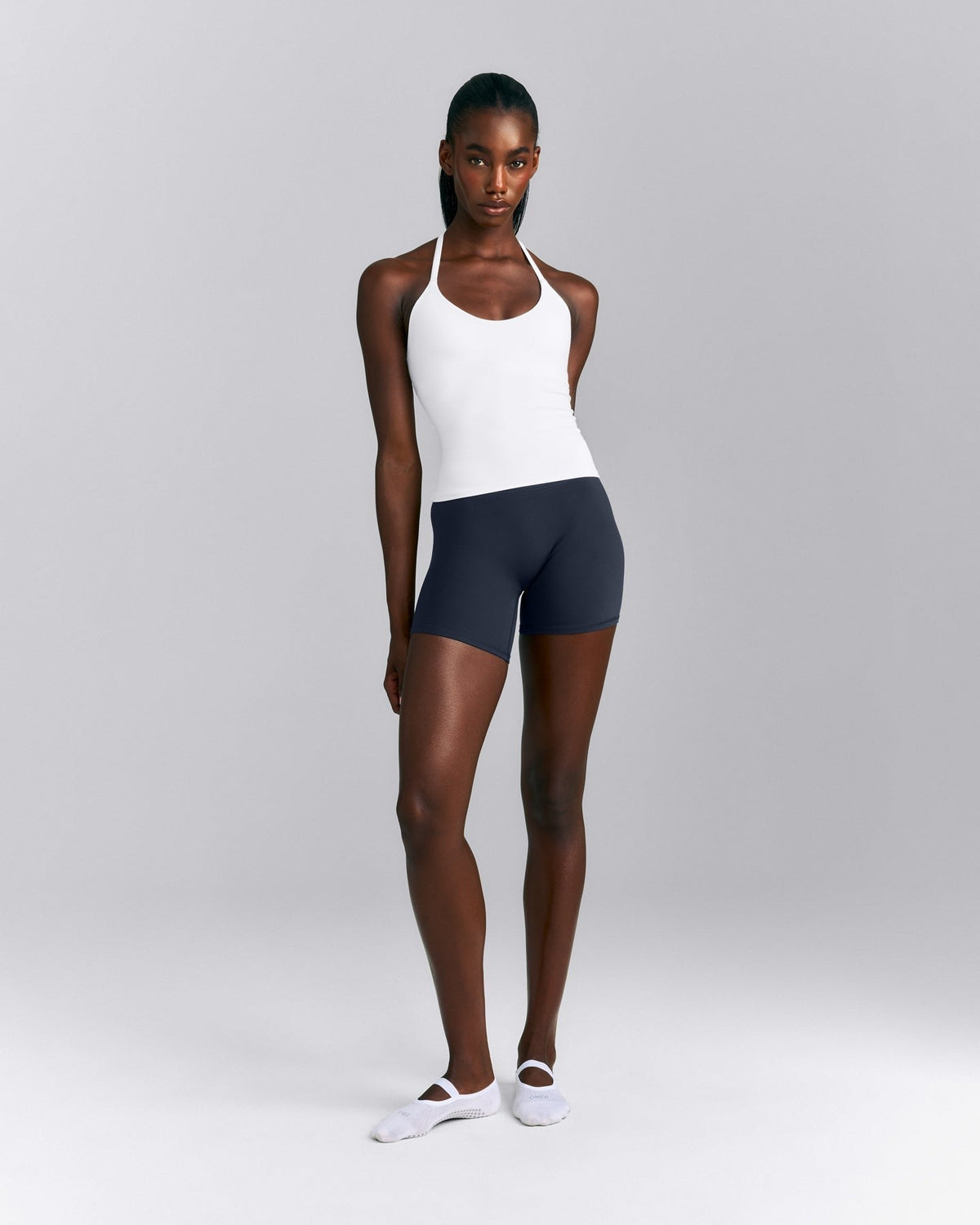 SoftMotionTM Strappy Halter Neck Tank Top with Built in Bra Shelf | White