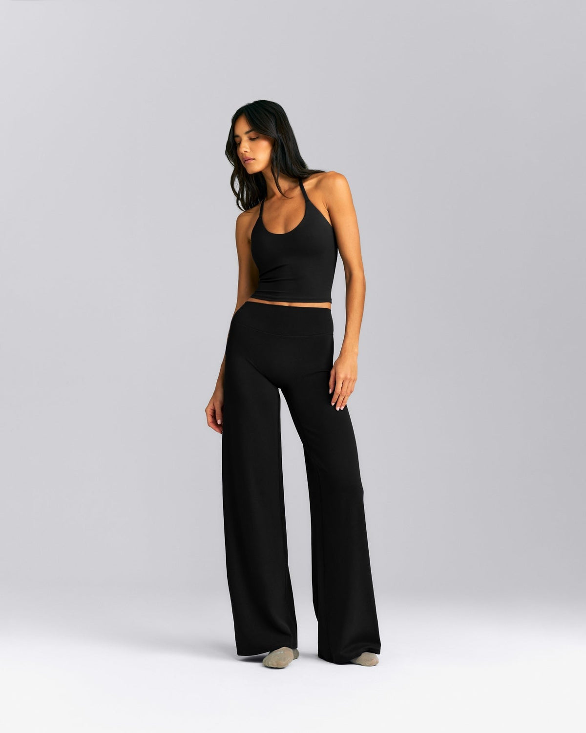 SoftMotionTM Strappy Halter Neck Mid Tank Top with Built in Bra Shelf | Black