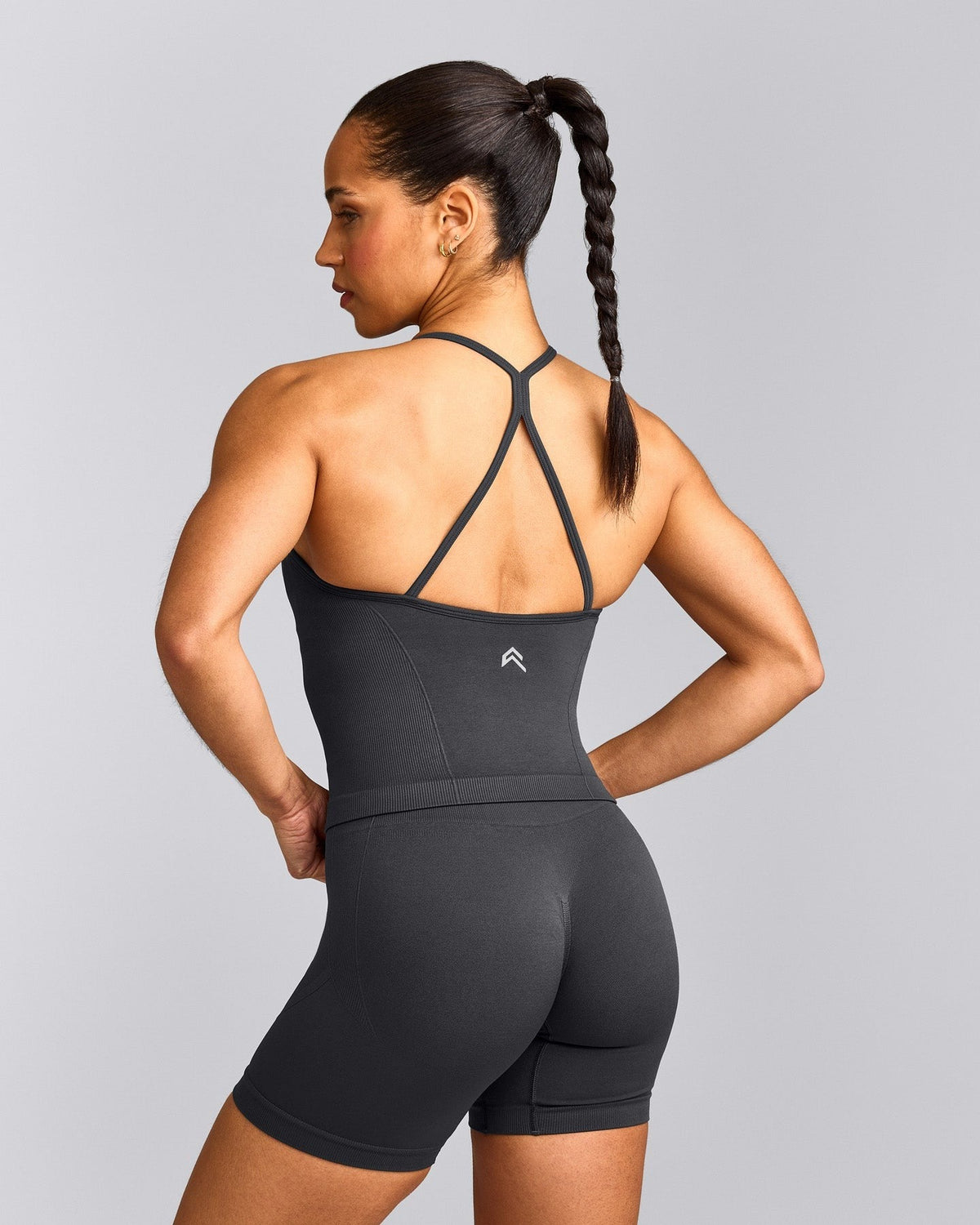 EnhanceLiftTM Seamless Strappy Racer Tank Top with Built in Bra Shelf | Coal