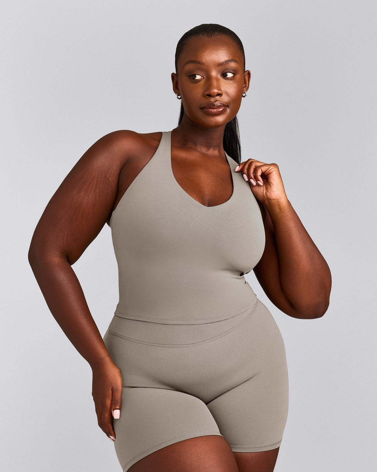 SoftMotionTM Racer Back Mid Tank Top with Built in Bra Shelf | Warm Sand