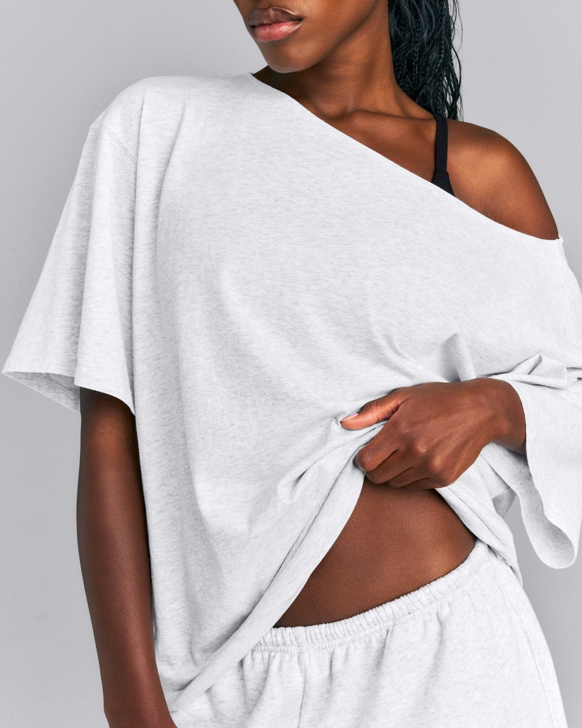 Slouchy One Shoulder Tee | Light Gray Marl