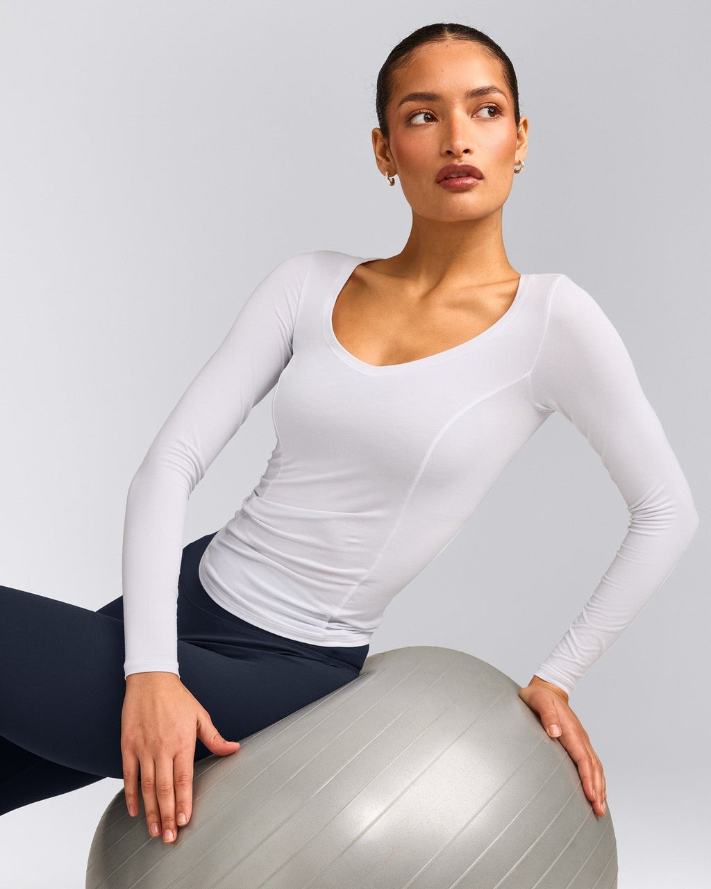 MellowTM Motion Wide V Neck Long Sleeve Top | White