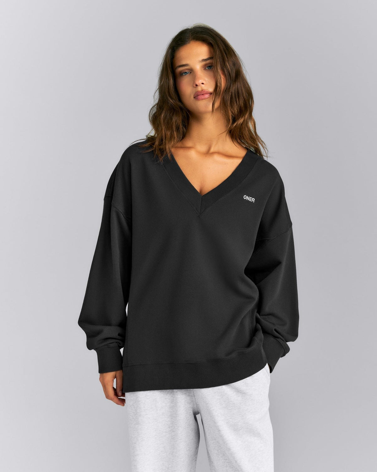 Cotton Vintage Lounge V Neck Sweatshirt | Washed Black