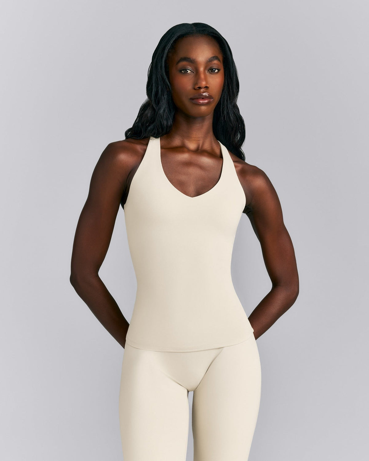 SoftMotionTM Racer Back Tank Top with Built in Bra Shelf | Oatmeal