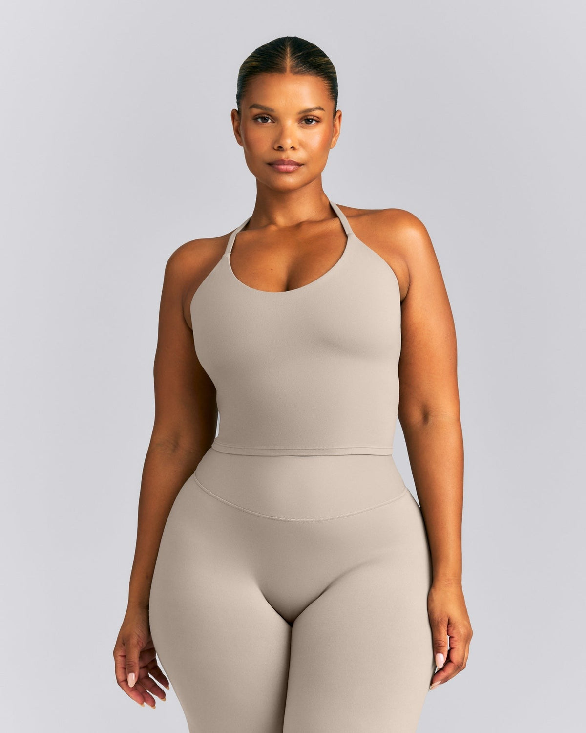 SoftMotionTM Strappy Halter Neck Mid Tank Top with Built in Bra Shelf | Warm Sand