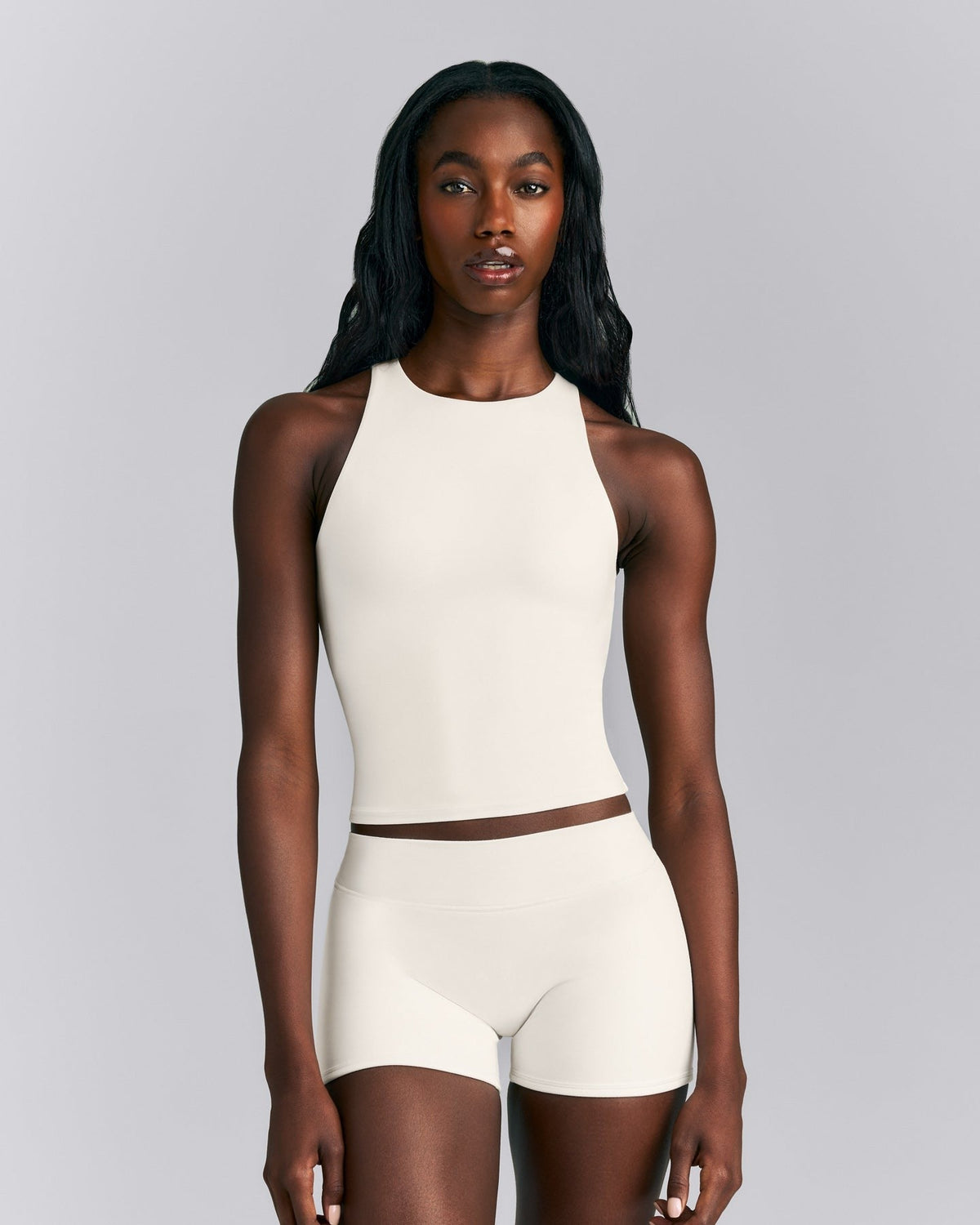 SoftMotionTM High Neck Mid Tank with Built in Bra Shelf | Marshmallow White