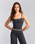SoftMotionTM Strappy Mid Tank Top with Built in Bra Shelf | Coal