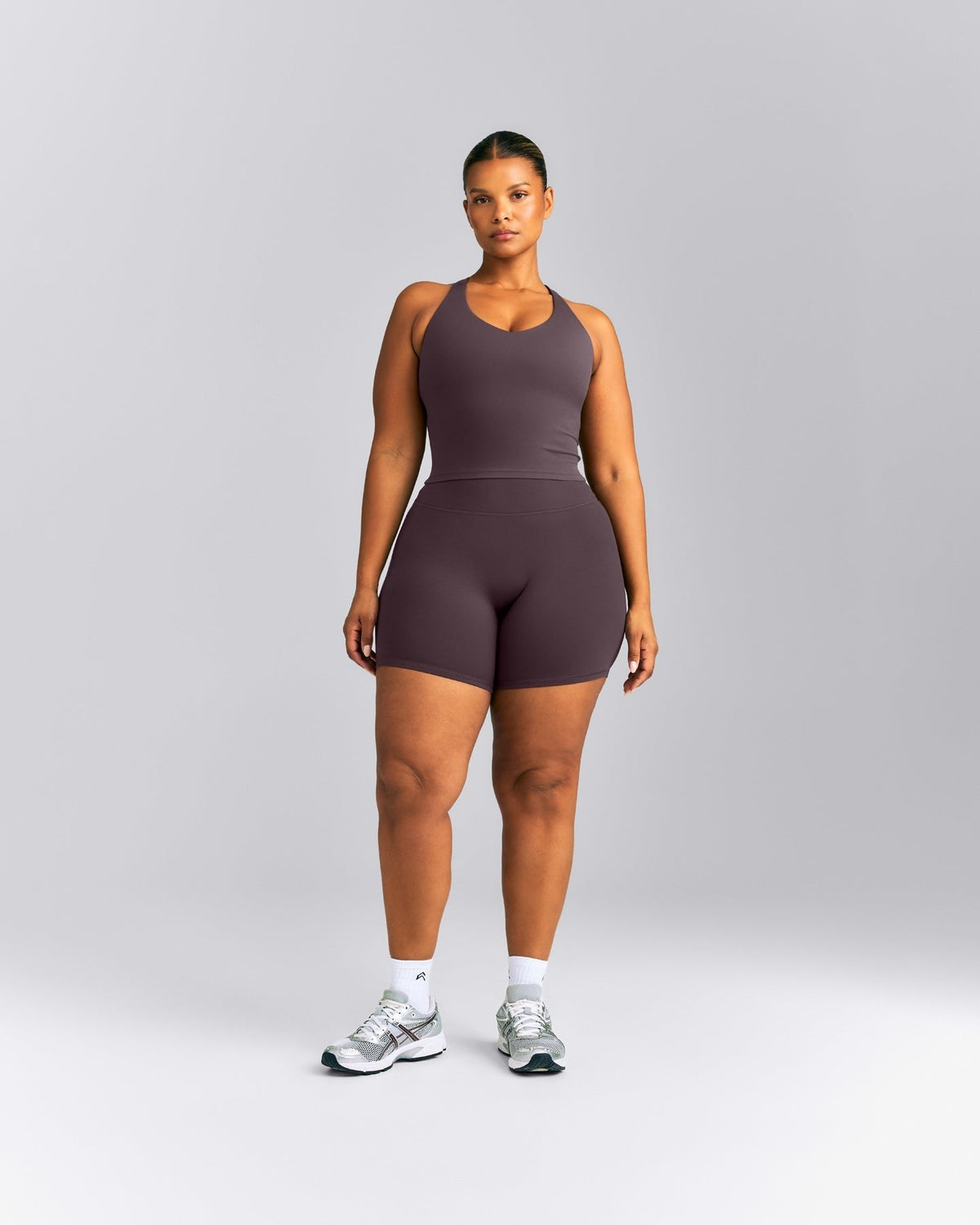SoftMotionTM Racer Back Mid Tank Top with Built in Bra Shelf | Dark Umber Brown
