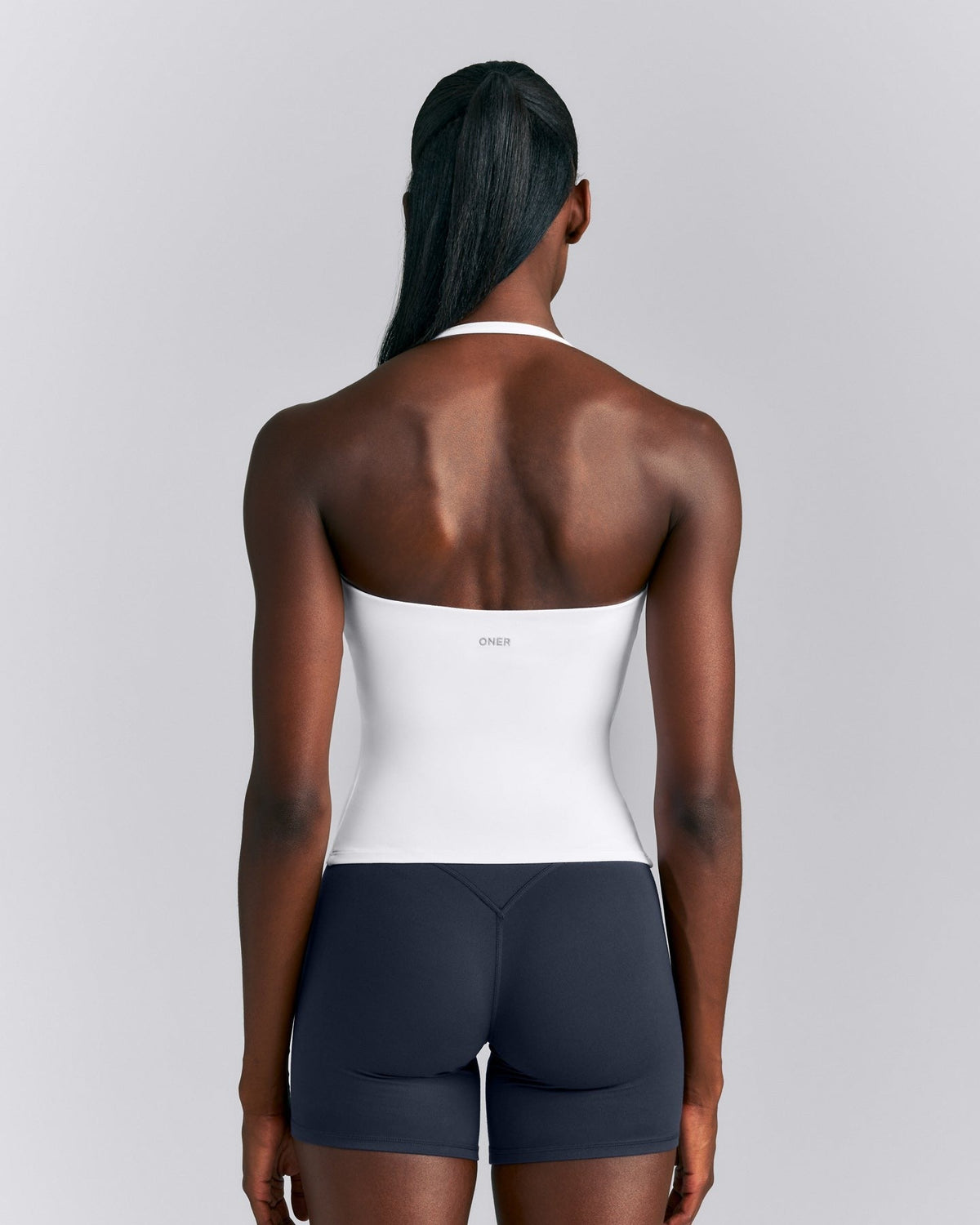 SoftMotionTM Strappy Halter Neck Tank Top with Built in Bra Shelf | White