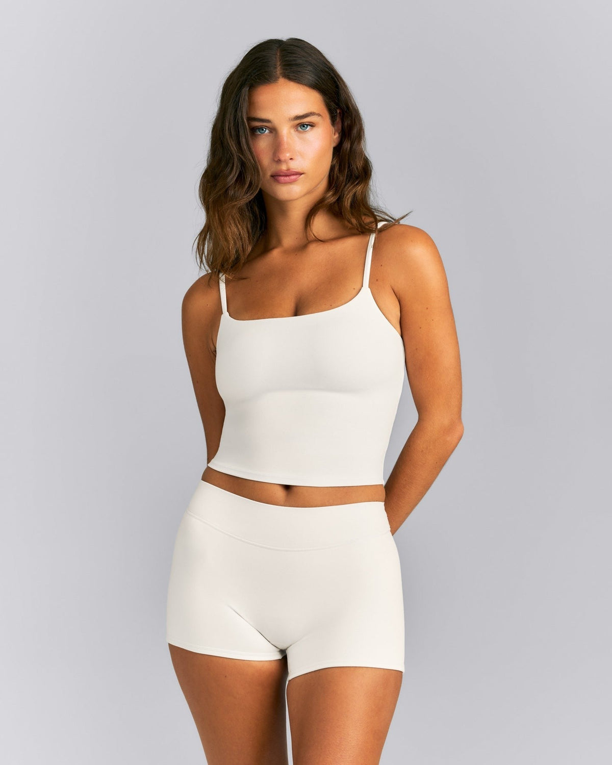 SoftMotionTM Strappy Mid Tank Top with Built in Bra Shelf | Marshmallow White