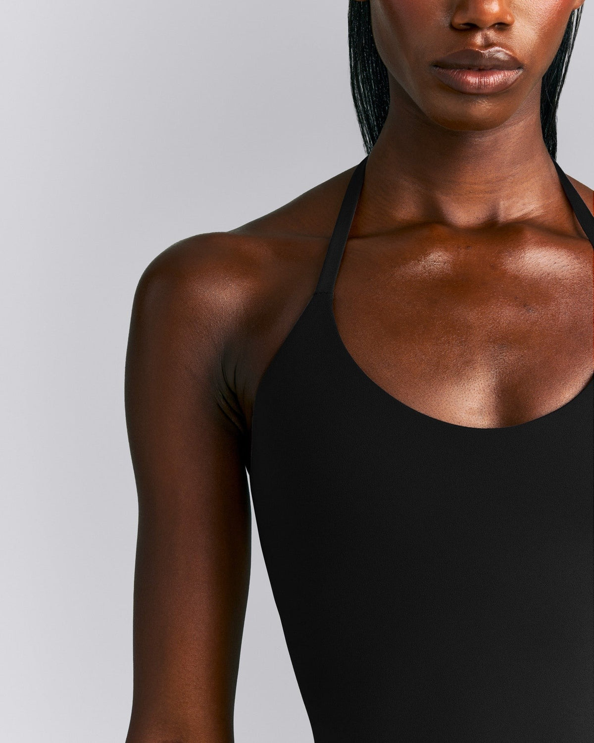 SoftMotionTM Strappy Halter Neck Tank Top with Built in Bra Shelf | Black