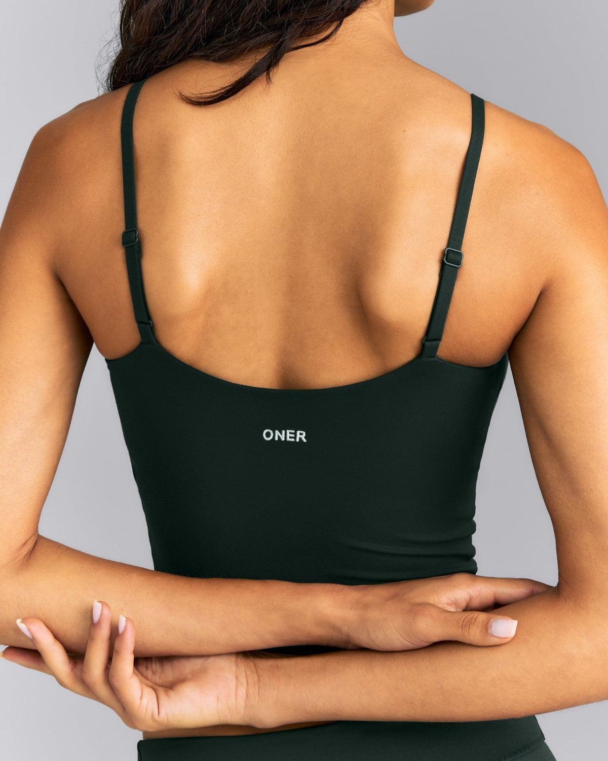 SoftMotionTM Adjustable V Neck Mid Tank Top with Built in Bra Shelf | Emerald Noir