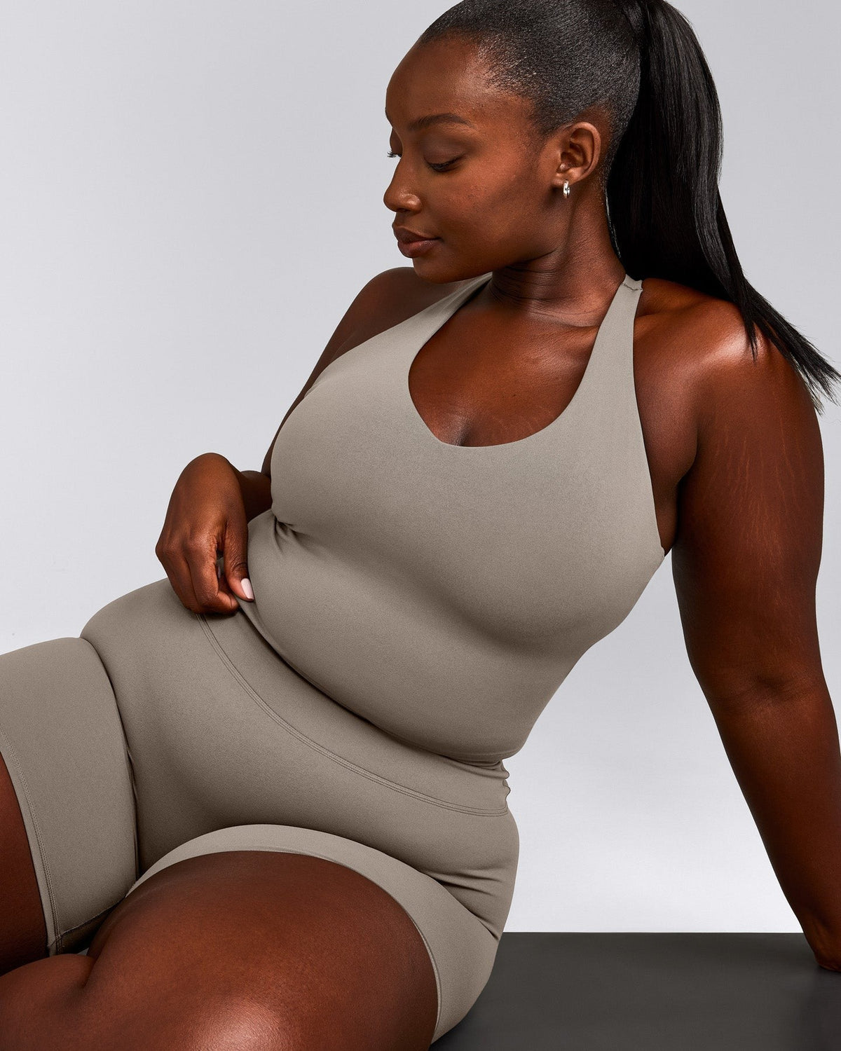 SoftMotionTM Racer Back Mid Tank Top with Built in Bra Shelf | Warm Sand