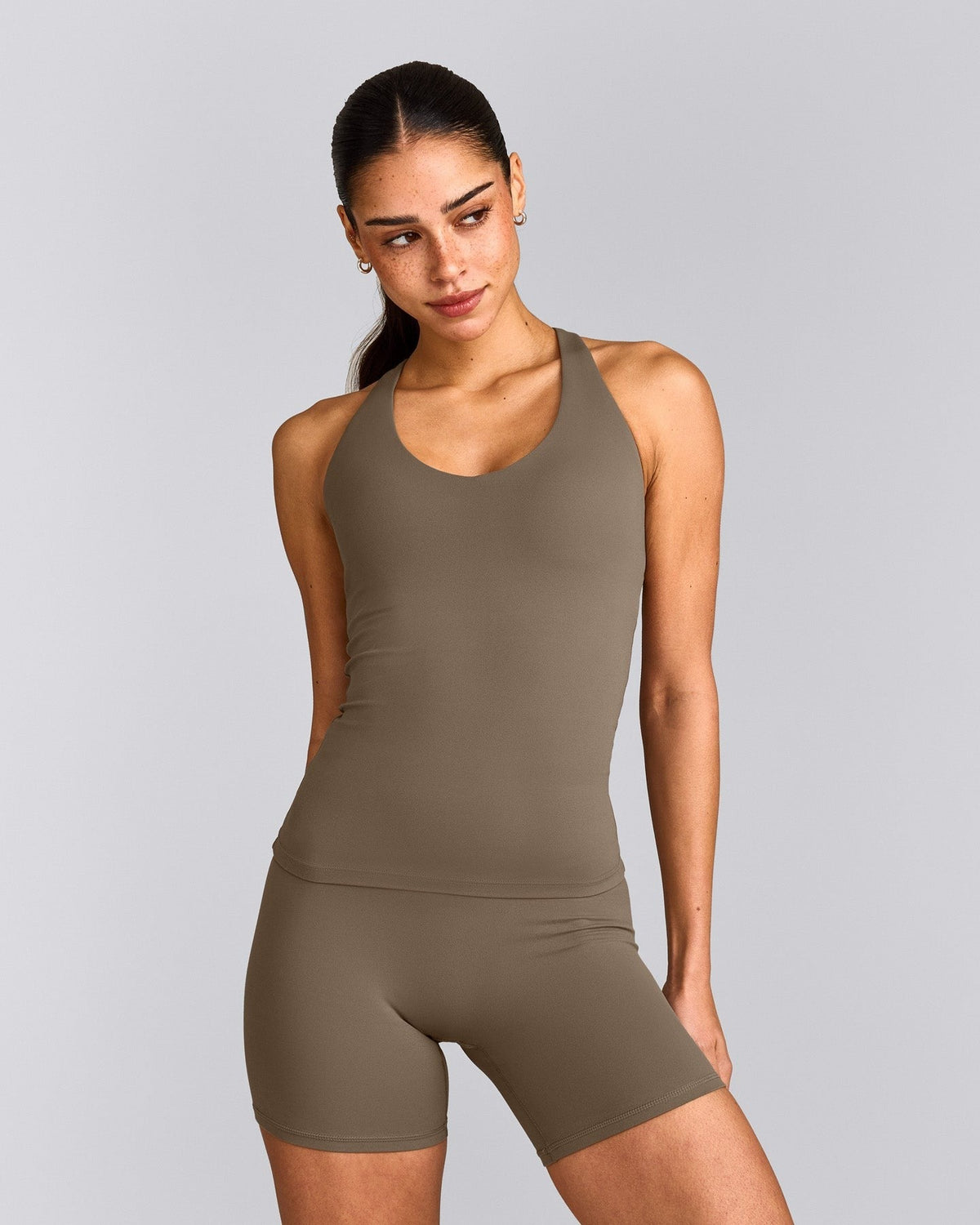 SoftMotionTM Racer Back Tank Top with Built in Bra Shelf | Moss Brown