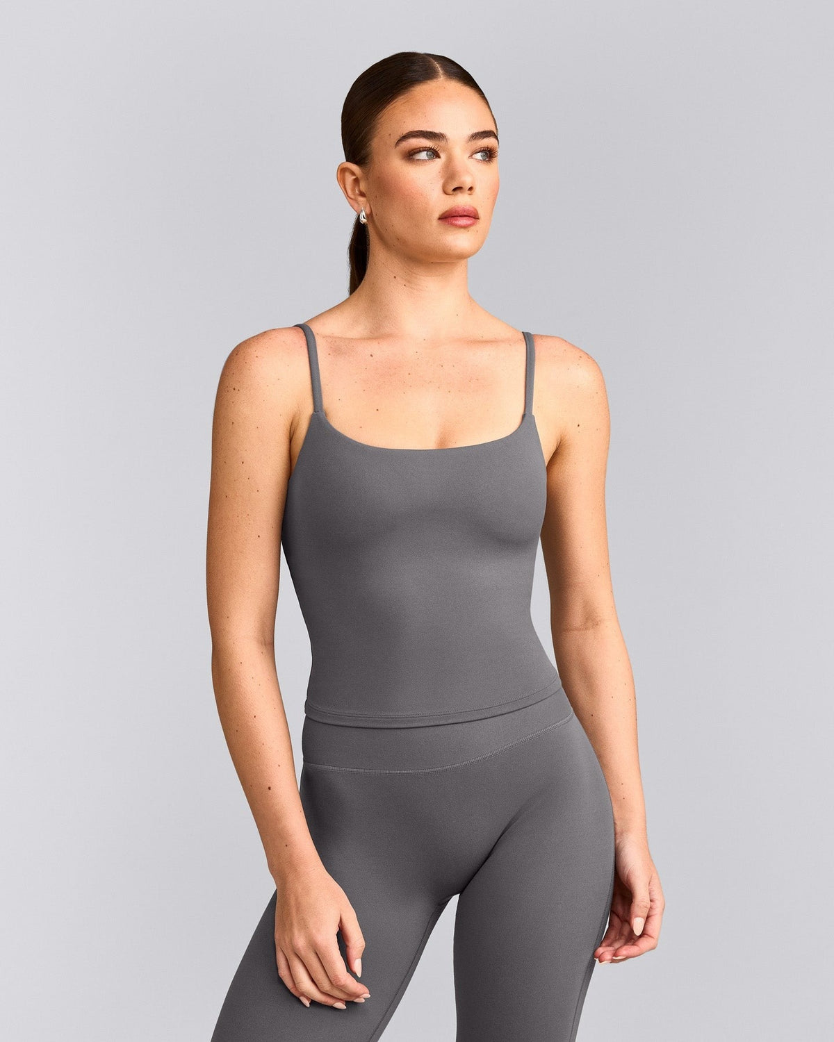 SoftMotionTM Strappy Mid Tank Top with Built in Bra Shelf | Ash Gray