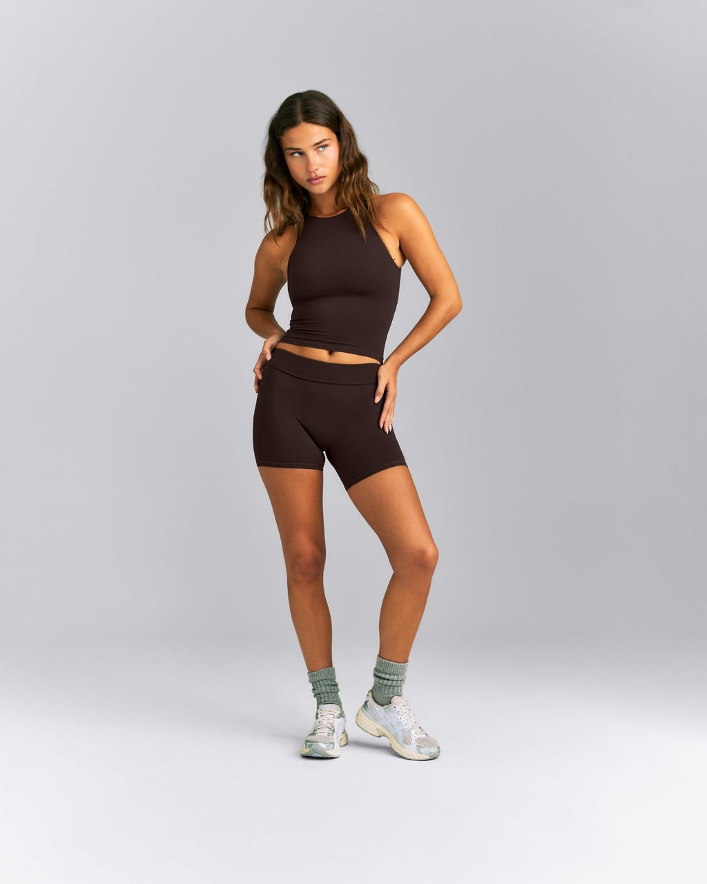 SoftMotionTM High Neck Mid Tank with Built in Bra Shelf | 70% Cocoa