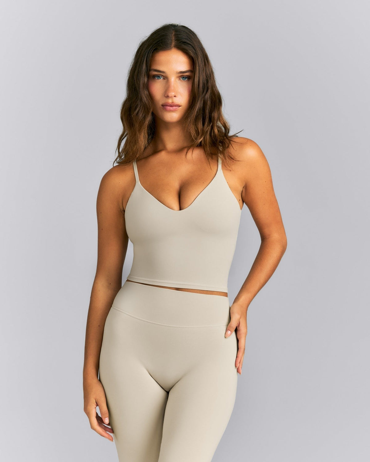 SoftMotionTM Adjustable V Neck Mid Tank Top with Built in Bra Shelf | Oatmeal