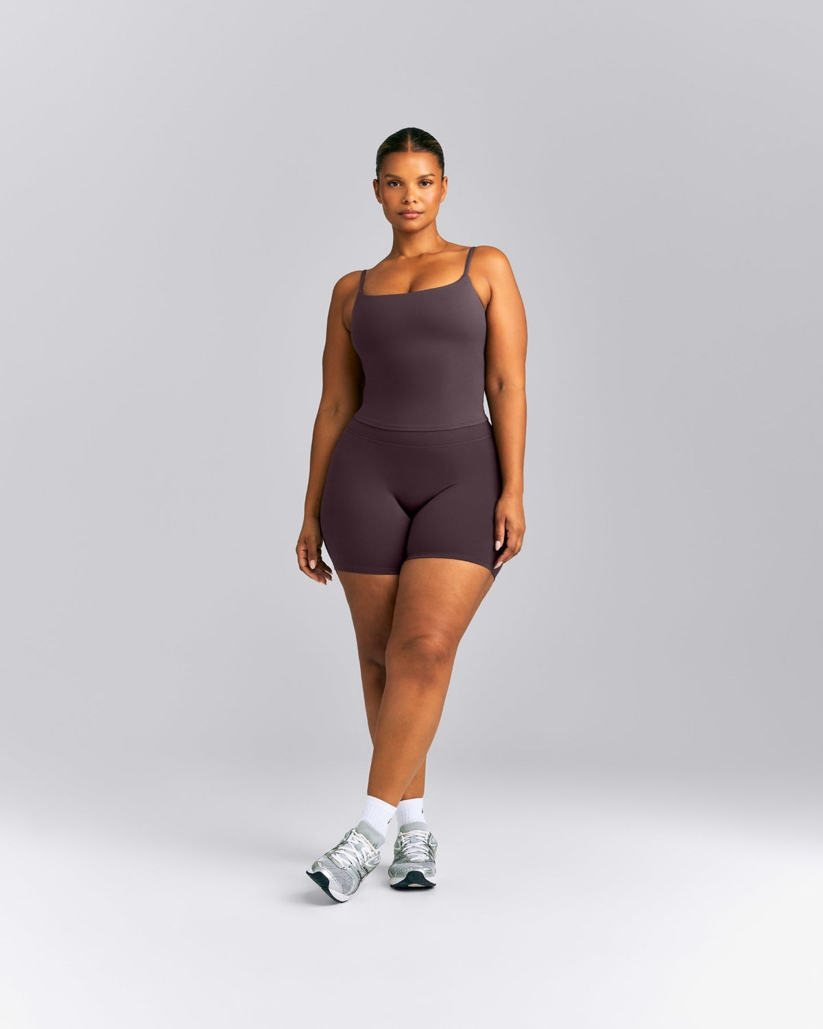 SoftMotionTM Strappy Mid Tank Top with Built in Bra Shelf | Dark Umber Brown