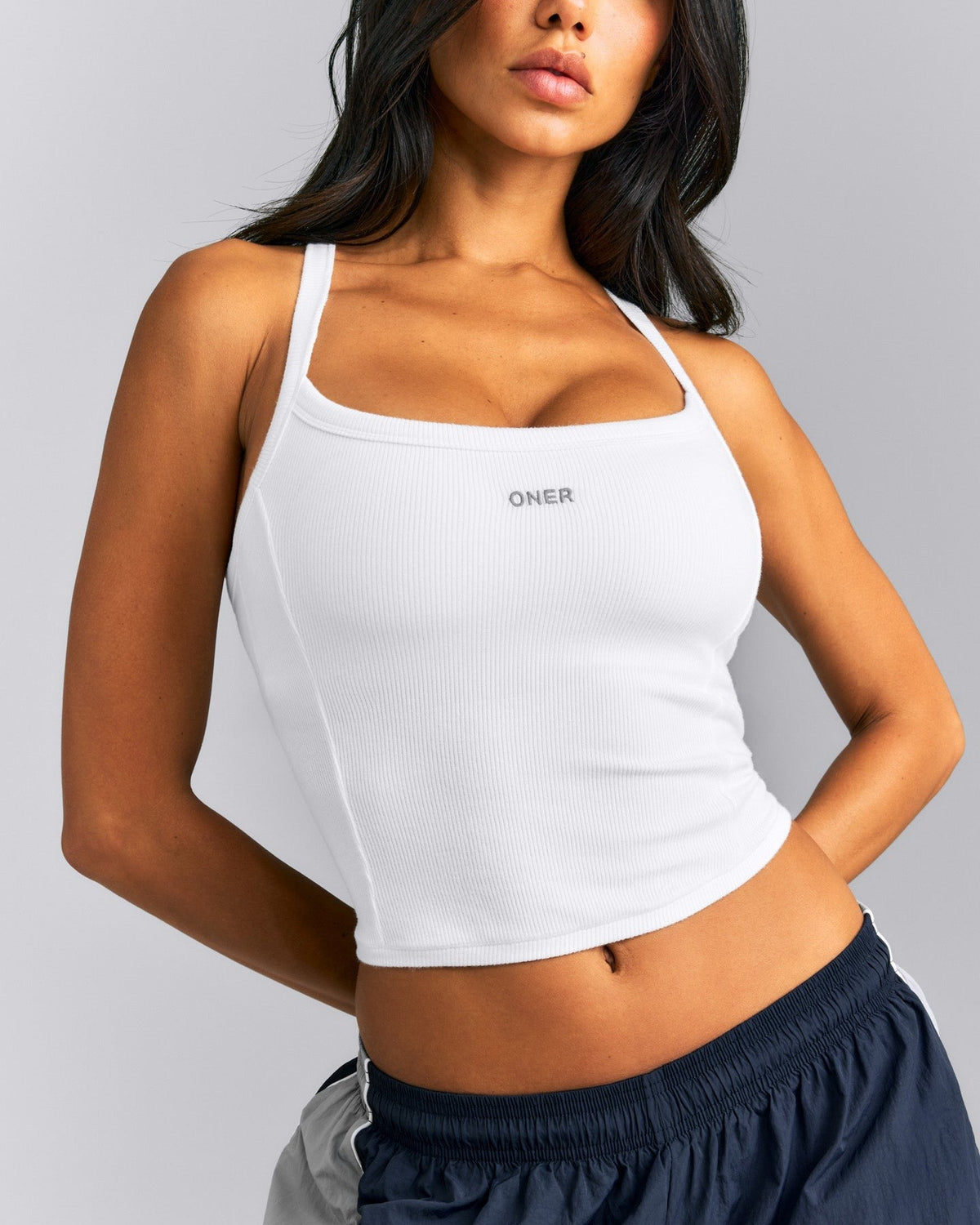 MellowTM Rib Racer Back Mid Tank Top with Built in Bra Shelf | White