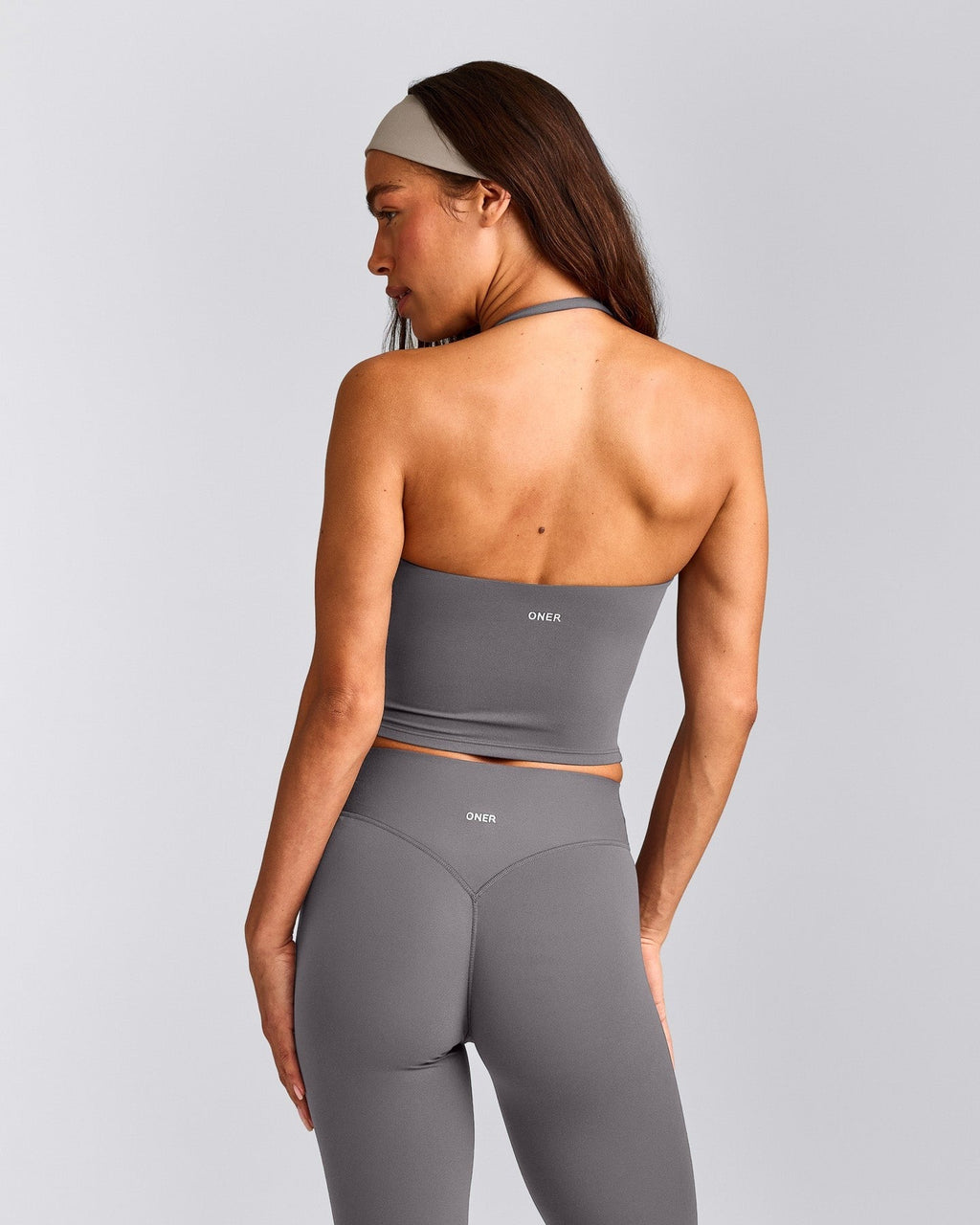 SoftMotionTM Strappy Halter Neck Mid Tank Top with Built in Bra Shelf | Ash Gray