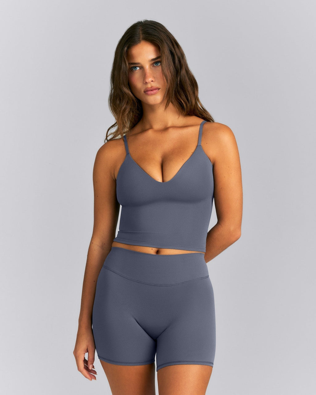 SoftMotionTM Adjustable V Neck Mid Tank Top with Built in Bra Shelf | Granite Blue