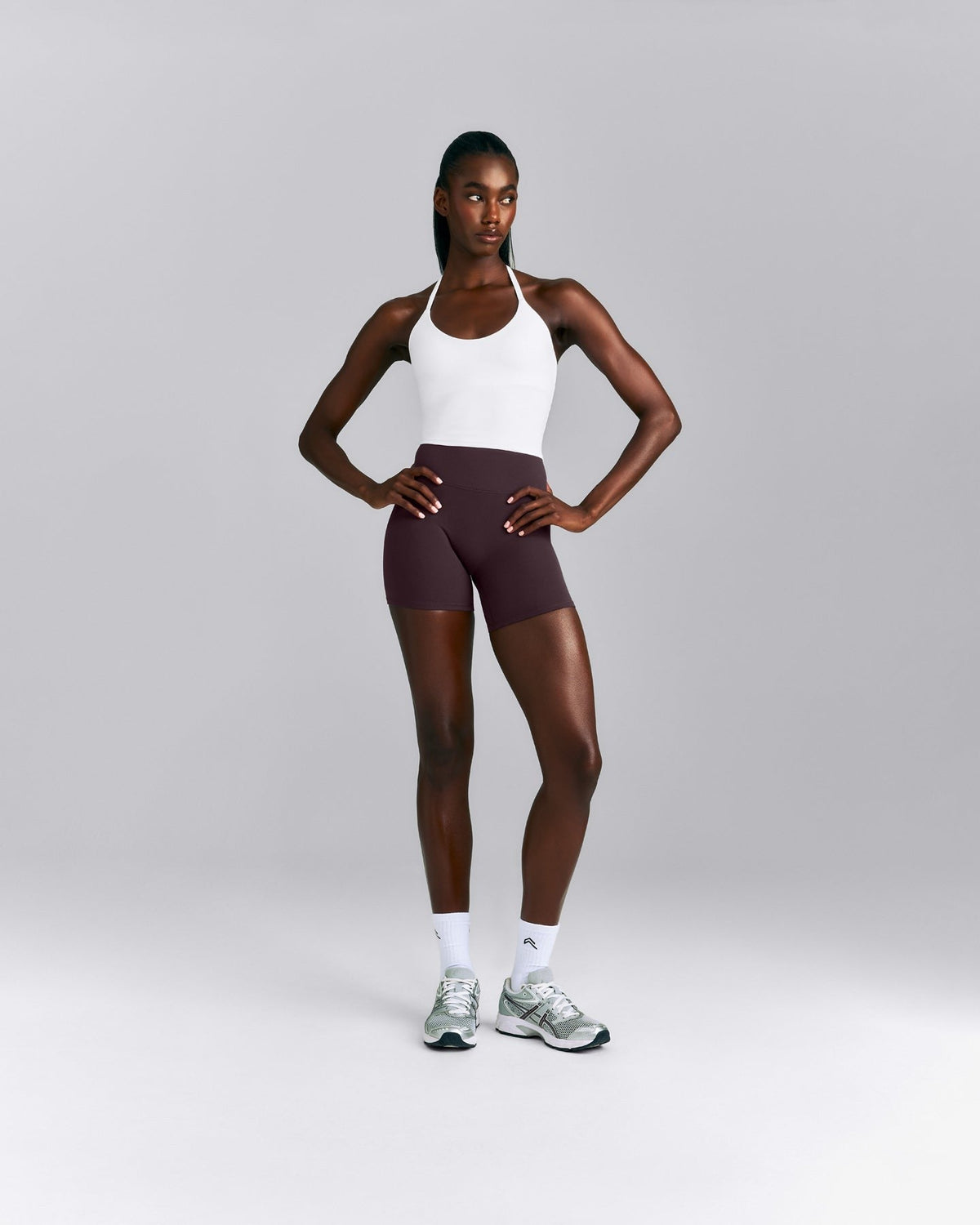 SoftMotionTM Strappy Halter Neck Mid Tank Top with Built in Bra Shelf | White