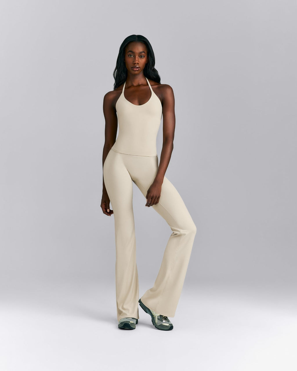 SoftMotionTM Strappy Halter Neck Tank Top with Built in Bra Shelf | Oatmeal
