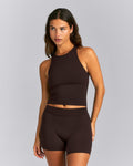SoftMotionTM High Neck Mid Tank with Built in Bra Shelf | 70% Cocoa