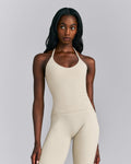 SoftMotionTM Strappy Halter Neck Tank Top with Built in Bra Shelf | Oatmeal
