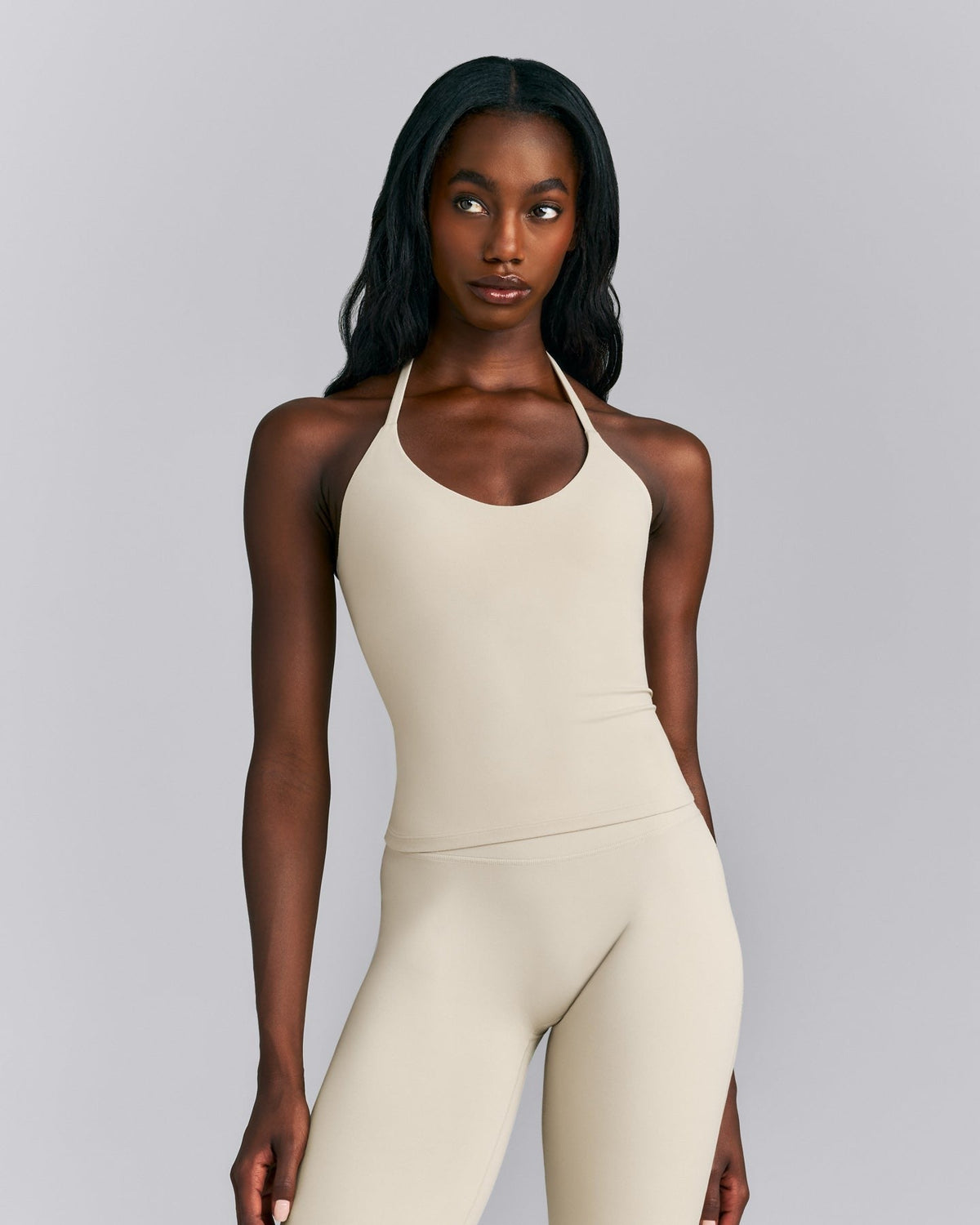 SoftMotionTM Strappy Halter Neck Tank Top with Built in Bra Shelf | Oatmeal