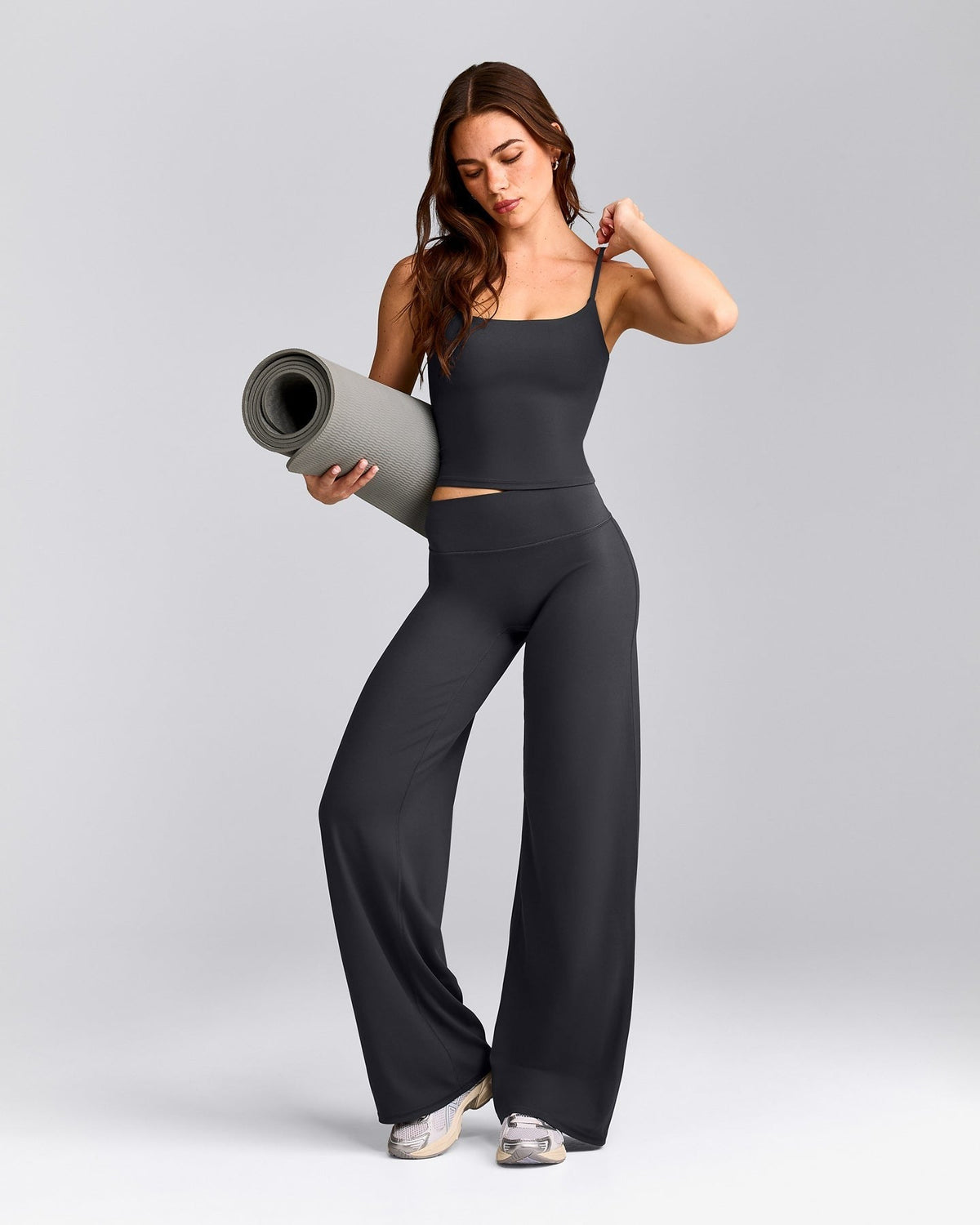 SoftMotionTM Strappy Mid Tank Top with Built in Bra Shelf | Coal
