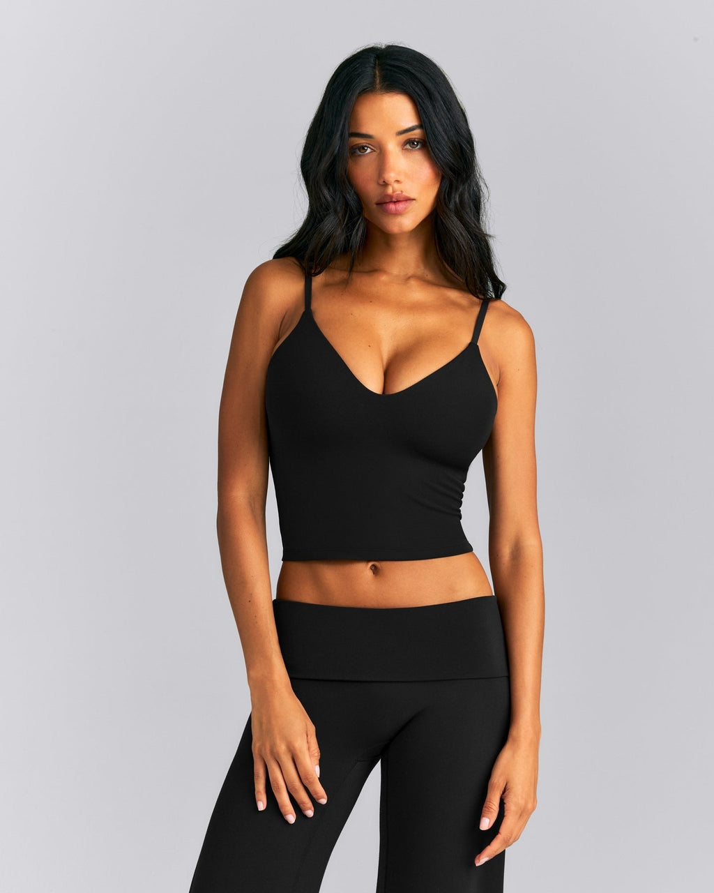 SoftMotionTM Adjustable V Neck Mid Tank Top with Built in Bra Shelf | Black