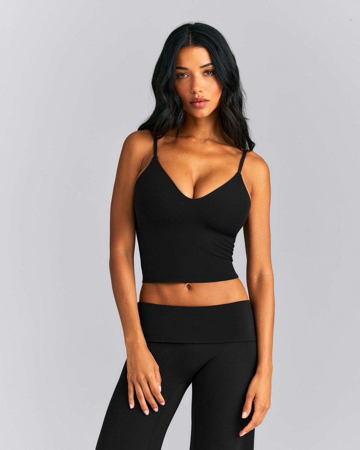 SoftMotionTM Adjustable V Neck Mid Tank Top with Built in Bra Shelf | Black