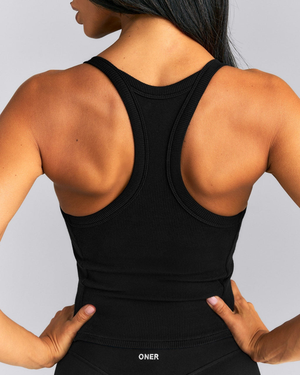 MellowTM Rib Racer Back Mid Tank Top with Built in Bra Shelf | Black