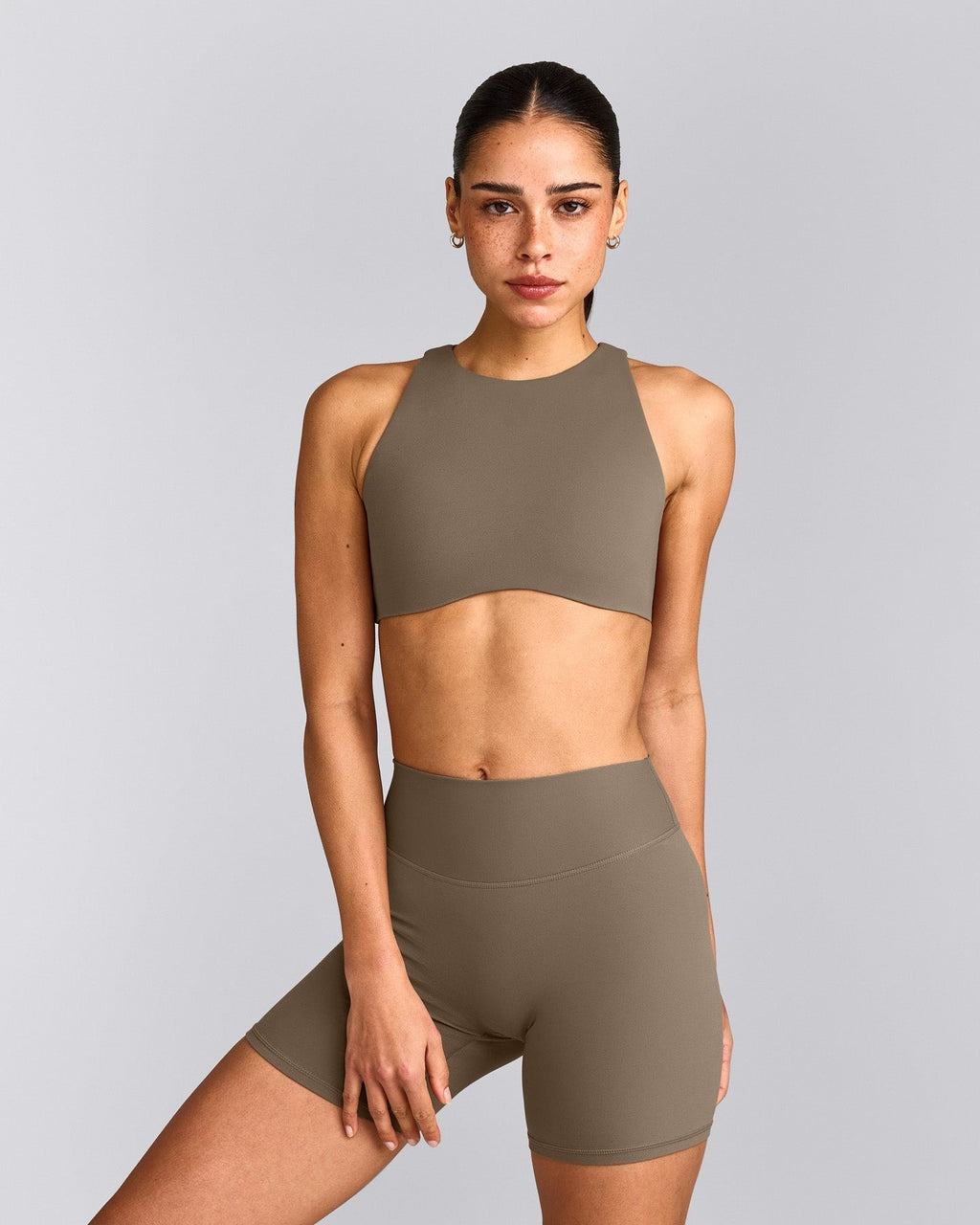 SoftMotionTM High Neck Sports Bra | Moss Brown
