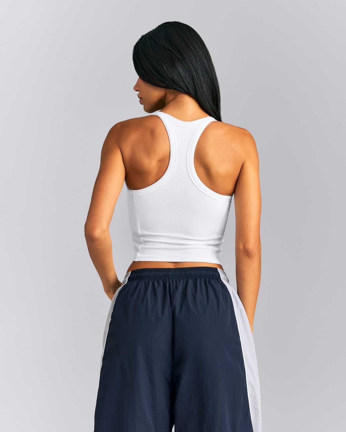 MellowTM Rib Racer Back Mid Tank Top with Built in Bra Shelf | White