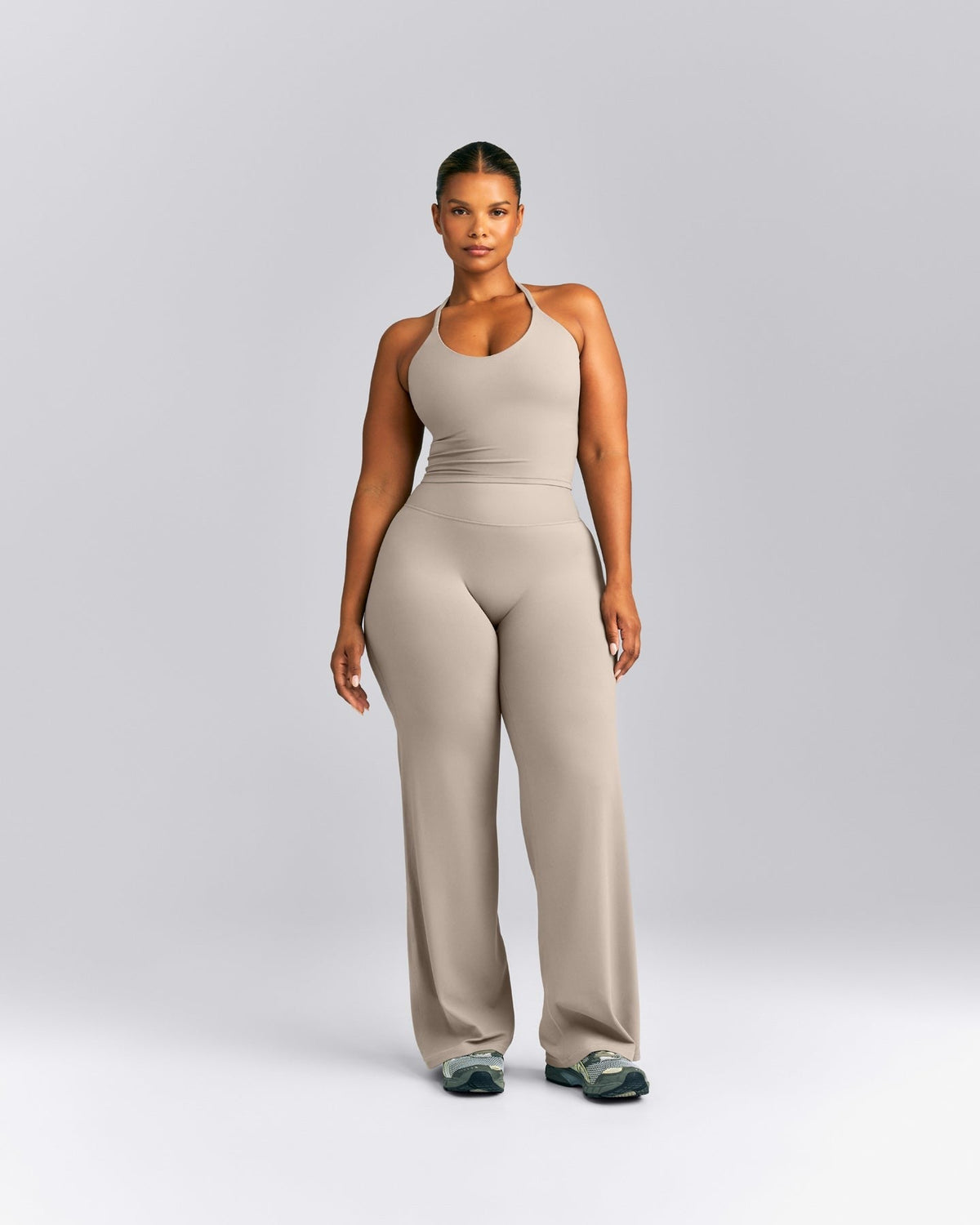 SoftMotionTM Strappy Halter Neck Mid Tank Top with Built in Bra Shelf | Warm Sand