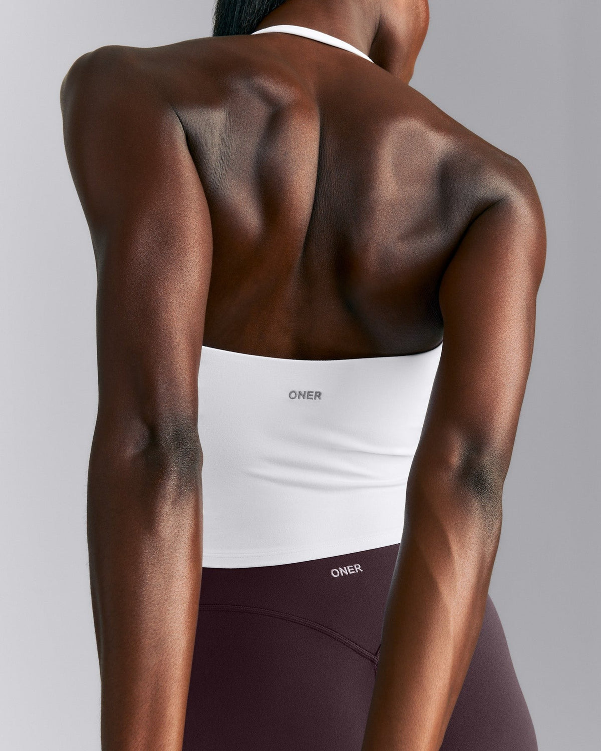 SoftMotionTM Strappy Halter Neck Mid Tank Top with Built in Bra Shelf | White