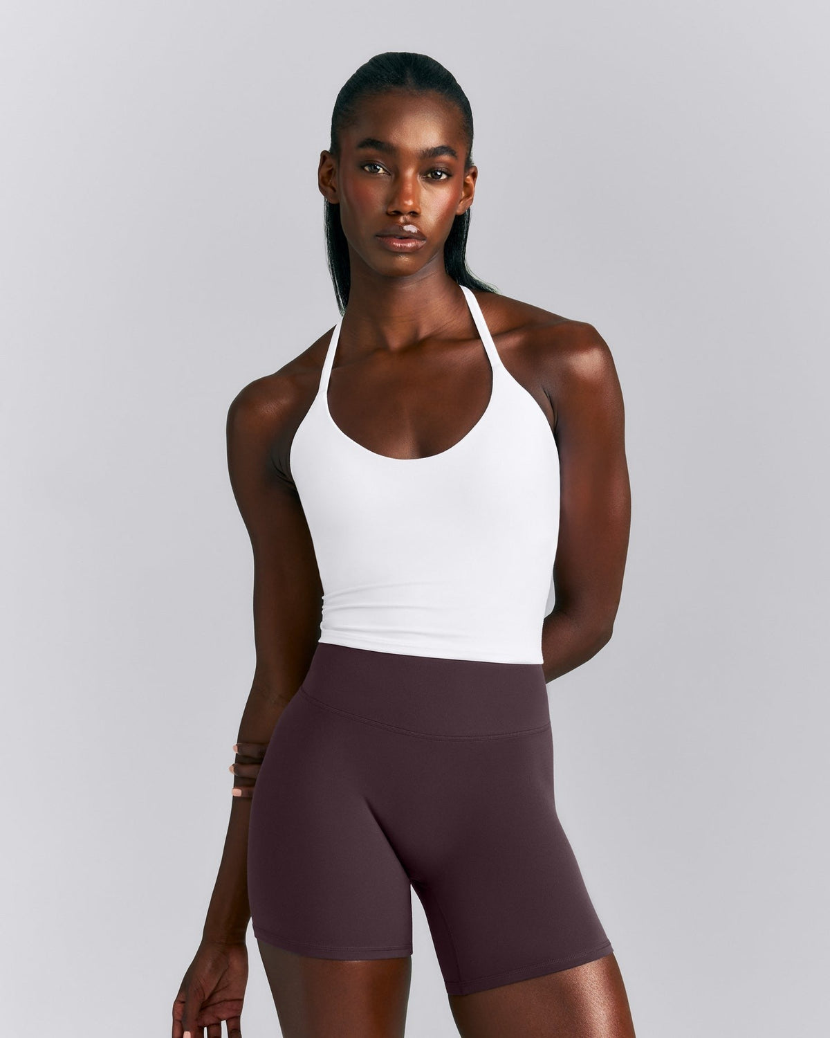 SoftMotionTM Strappy Halter Neck Mid Tank Top with Built in Bra Shelf | White