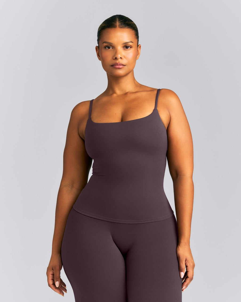 SoftMotionTM Strappy Tank Top with Built in Bra Shelf | Dark Umber Brown