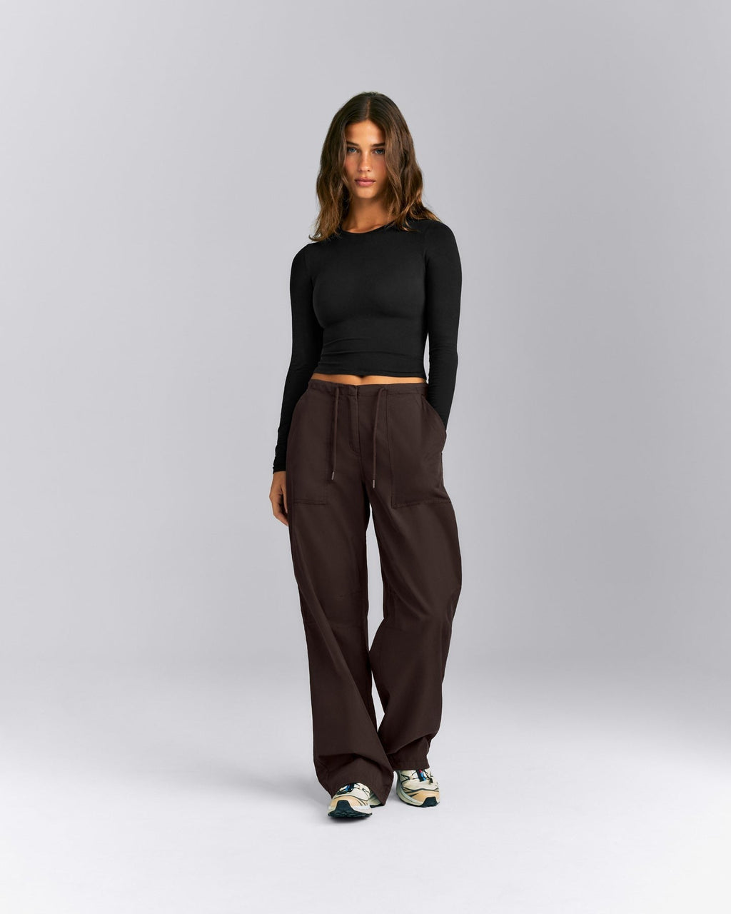 Fitted Cotton Long Sleeve Crew Neck Top | Black