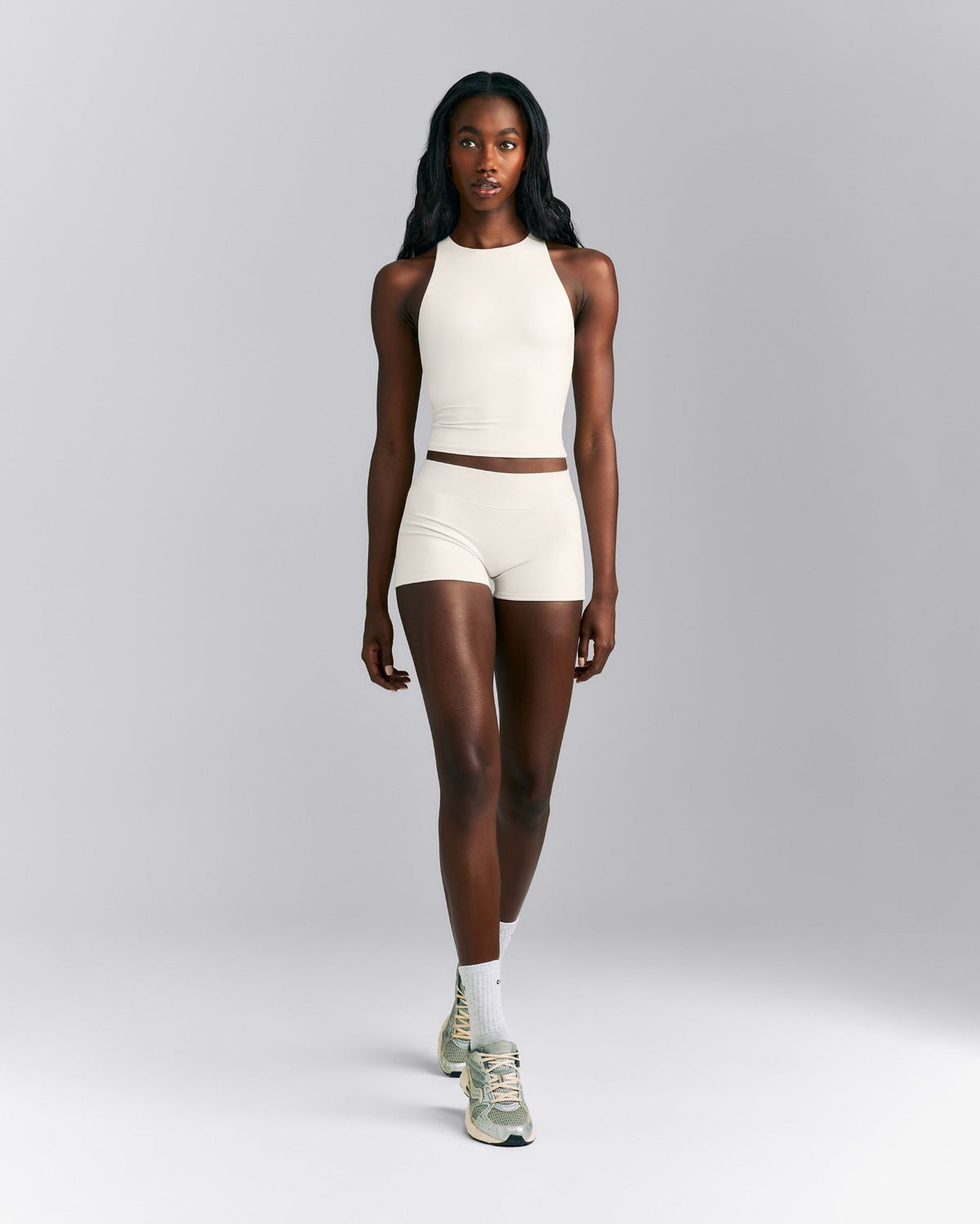 SoftMotionTM High Neck Mid Tank with Built in Bra Shelf | Marshmallow White