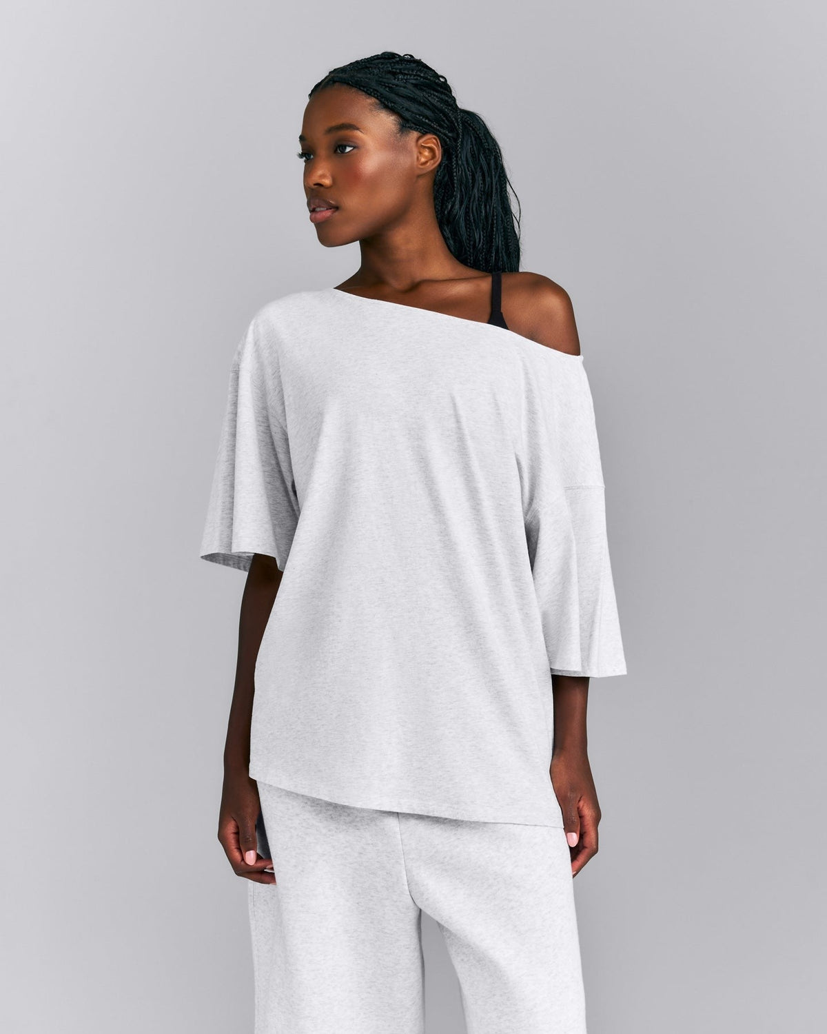 Slouchy One Shoulder Tee | Light Gray Marl