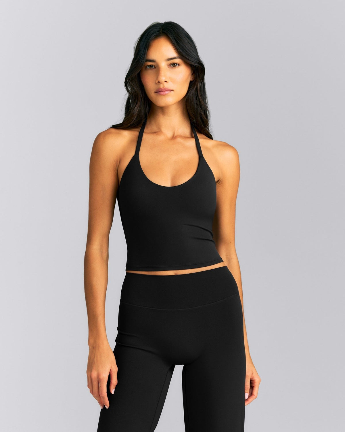SoftMotionTM Strappy Halter Neck Mid Tank Top with Built in Bra Shelf | Black
